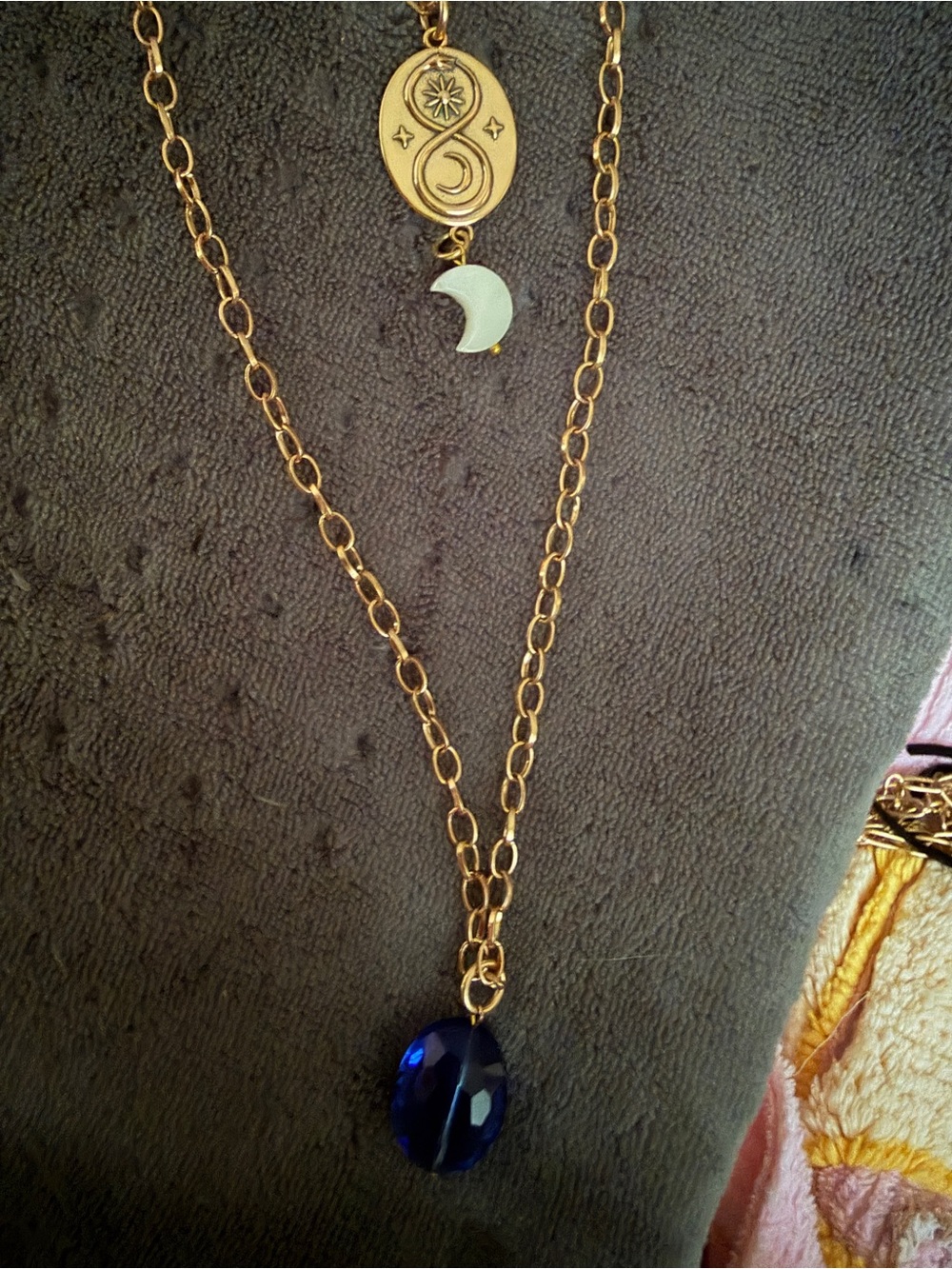 Katia DesignsGold-Tone Layered Necklace with Blue Faceted Pendant and Moon Charm